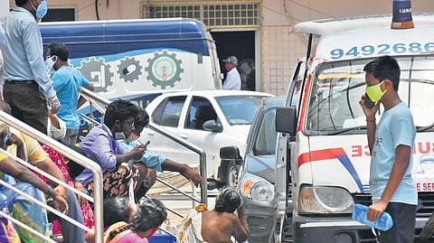 Patients waiting to get ambulances in front of Vijayawada GGH.