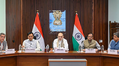Amit Shah and Sarbananda Sonowal at the review meet in New Delhi on Friday.