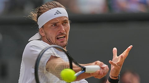 Alexander Zverev of Germany hits a return to Arthur Fery of Britain during their men's singles semifinal match at the Wimbledon Tennis Championships in London, Friday, July 10, 2026.