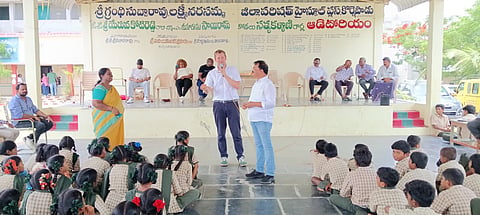 Jordan Jasper of the Foundation on Future Farming, Germany, during an interactive session with students at Kornepadu High School.