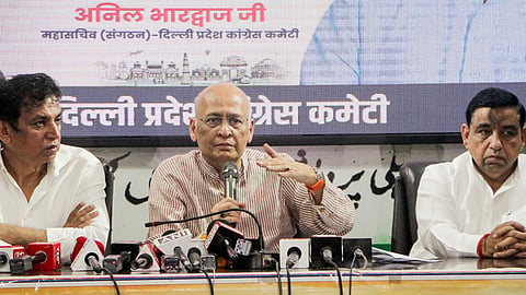 Congress senior leader Abhishek Manu Singhvi speaks to the media regarding the Ram Mandir issue at the Congress office, in New Delhi on Saturday. Delhi Pradesh Congress Committee President Devender Yadav also present. 