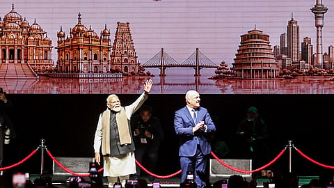 Prime Minister Narendra Modi with New Zealand Prime Minister Christopher Luxon during an Indian community event, in Auckland, New Zealand.