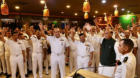 Defence Minister Rajnath Singh with naval personnel during a Barakhana in Visakhaptanam on Friday ahead of the commissioning of Mahendragiri, the sixth indigenous stealth frigate under Project 17A.