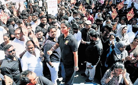 DMK students wing staging a protest against the centre in Chennai 