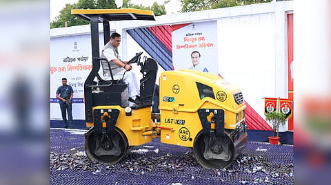 Assam Chief Minister Himanta Biswa Sarma destroys seized drugs using a road roller during the state-level drug disposal program at the 14th Assam Police Battalion in Nalbari on Sunday.