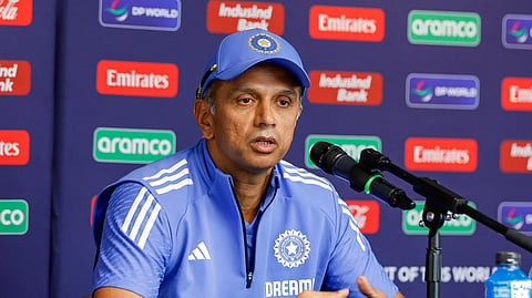 In this photo from June 4, 2024, the then coach of the Indian cricket team Rahul Dravid addresses a press conference ahead of the team's ICC T20 World Cup opener in New York.
