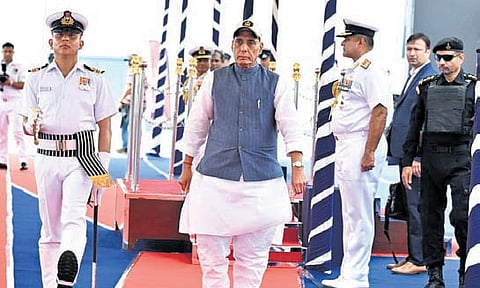 INS Mahendragiri, a Nilgiri-class stealth frigate, being commissioned into the Indian Navy’s Eastern Fleet in Visakhapatnam on Saturday