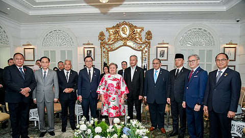 (L-R) East Timor's Foreign Minister Bendito dos Santos Freitas, Vietnam's Foreign Minister Le Hoai Trung, Malaysia's Chief Secretary Shamsul Azri Abu Bakar, Thailand's Foreign Minister Sihasak Phuangketkeow, Philippines' Foreign Minister Maria Theresa Lazaro, Singapore's Foreign Minister Vivian Balakrishnan, Brunei's Foreign Minister Erywan Yusof, Indonesia's Foreign Minister Sugiono, Laos' Foreign Minister Thongsavanh Phomvihane, and Myanmar's Foreign Minister U Tin Maung Swe posing for a photo during an informal meeting with ASEAN Foreign Ministers in Bangkok on July 12, 2026.