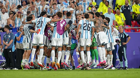 Argentina players celebrate after the World Cup quarterfinal soccer match between Argentina and Switzerland in Kansas City, Mo., Saturday, July 11, 2026.