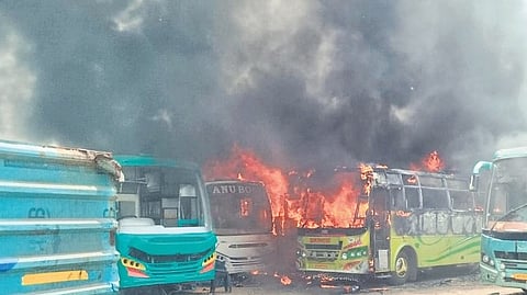 Mild tension gripped as a major garage fire destroyed seven buses parked for repairs at Auto Nagar in Vijayawada on Sunday.