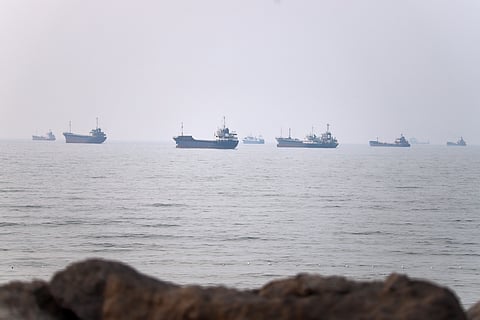 Commercial vessels are seen in the Strait of Hormuz off Bandar Abbas, Iran, Tuesday, June 30, 2026.