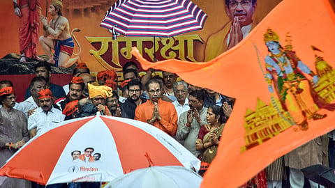 In this photo from July 5, 2026, Shiv Sena (UBT) President Uddhav Thackeray, along with party leaders, offers prayers during the 'Ram Raksha and Hanuman Chalisa' aarti at Hanuman Mandir at Dadar, in Mumbai.