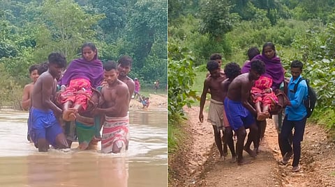 The woman's husband and other villagers carried her on their shoulders and crossed the river on foot despite the strong current to reach the hospital.