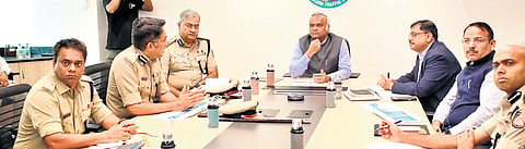 Home Minister Priyank Kharge chairs a meeting with traffic police officials on Monday