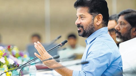 Chief Minister A Revanth Reddy speaks during a meeting with MPs at Praja Bhavan in Hyderabad