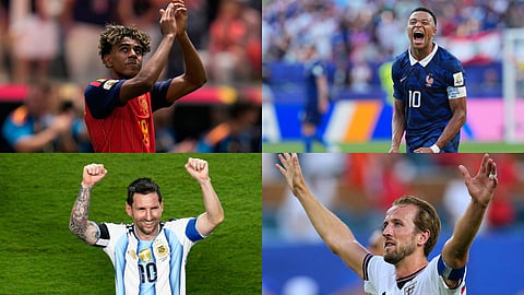 Clockwise from top left: Sapin's Lamine Yamal, France's Kylian Mbappé, England's Harry Kane & Argentina's Lionel Messi.