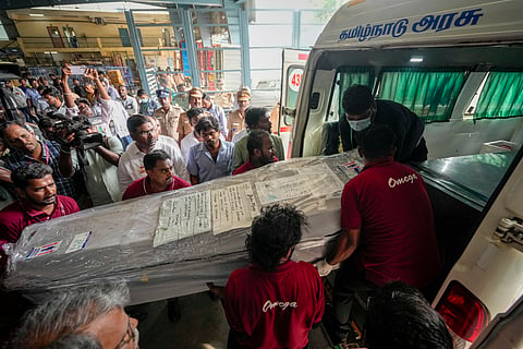 Mortal remains of victims, who were killed in the boat accident off Vietnam's Phu Quoc Island, arrive at Chennai airport, in Chennai, Tamil Nadu, Tuesday, July 14, 2026.