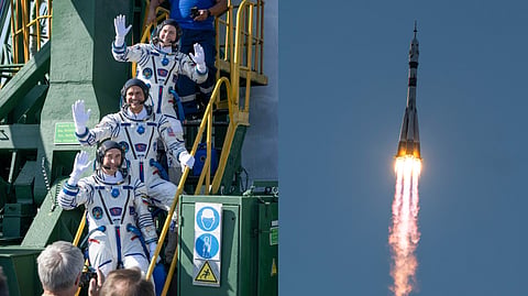 (L) Expedition 75 Roscosmos cosmonaut Anna Kikina, top; NASA astronaut Anil Menon, middle; and Roscosmos cosmonaut Pyotr Dubrov, bottom, wave farewell prior to boarding the Soyuz MS-29 spacecraft for launch. (R) The Soyuz rocket launches on Tuesday, July 14, 2026, at the Baikonur Cosmodrome in Kazakhstan. 
