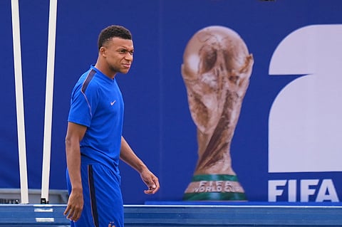 France's Kylian Mbappe participates in a training session ahead of the team's semifinal soccer match against Spain, Monday, July 13, 2026, in Dallas. 