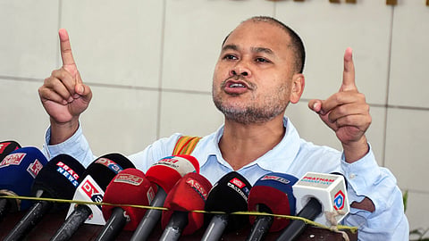 Raijor Dal President Akhil Gogoi speaks to the media during the budget session of the Assam Legislative Assembly in Guwahati on Tuesday, July 14, 2026.