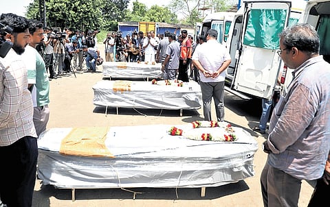 The bodies of victims arrived at the Coimbatore Airport on Tuesday; (left) family members of Santhosh Kumar receiving the body at his home in Chennai 