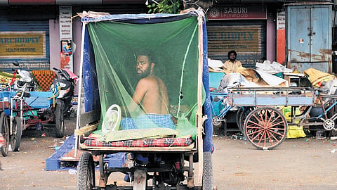 A man at Flower Bazaar in Chennai rests in his trolley-turned-home, replete with a rechargeable fan and mosquito net, on a hot day 