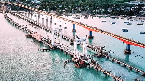 Built in 1988, the bridge, supported by 79 pillars, serves as the only road link connecting Rameswaram island with the mainland and carries thousands of vehicles every day.