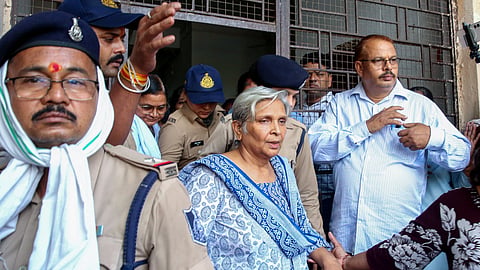 In this photo from June 2, 2026, Giribala Singh, mother-in-law of Twisha Sharma, comes out of the court after a hearing in connection with Twisha Sharma's death case, in Bhopal
