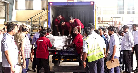 Mortal remains of victims, who were killed in the boat accident off Vietnam's Phu Quoc Island, arrive at Chennai airport, in Chennai, Tamil Nadu, Tuesday, July 14, 2026.