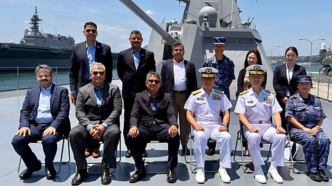 Defence Secretary Rajesh Kumar Singh with JMSDF officers aboard the stealth frigate JS Niyodo at Kure naval base in Hiroshima.