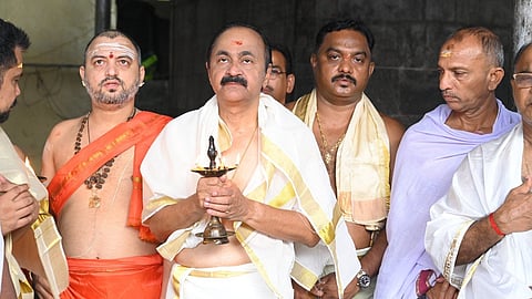 Kerala Chief Minister VD Satheesan offers prayers at the 'Sri Kollur Mookambika Temple', in Baindur, Udupi district, Karnataka, Saturday, July 11, 2026.
