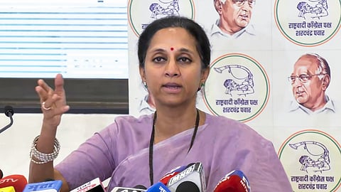 NCP-SP Working National President and MP Supriya Sule addresses a press conference in Mumbai on Wednesday, July 15, 2026.