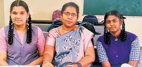 From L to R: A Jameela, a Class 10 student, mentor C Cinthia, N Monica, Class 11 student of Government Girls Higher Secondary School, Thirumangalam.