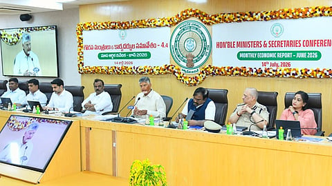 CM Nara Chandrababu Naidu during meeting with minister and secretaries conference at Secretariat on Tuesday. 