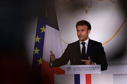 French President Emmanuel Macron delivers his speech on the end-of-life options, April 3, 2023, at the Elysee Palace in Paris.