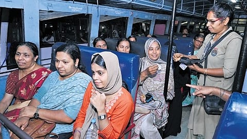 Women travel on a ‘Priyadarshini’ bus.