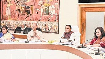 CM Mohan Charan Majhi chairing a meeting of the state cabinet at Lok Seva Bhawan