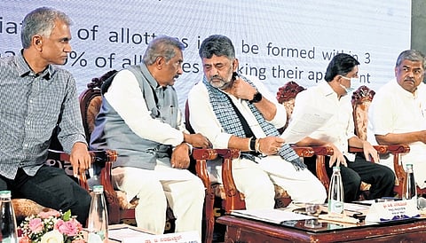 Chief Minister DK Shivakumar with ministers KJ George, Krishna Byre Gowda, Byrathi Suresh and KPCC President BK Hariprasad during an interaction session on the Karnataka Apartment Bill with apartment residents on Wednesday 