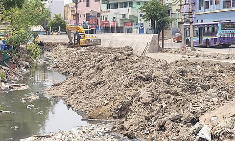 Panthalkudi canal, currently undergoing restoration by the Water Resources Department, remains choked with silt with only a minimal flow of water.
