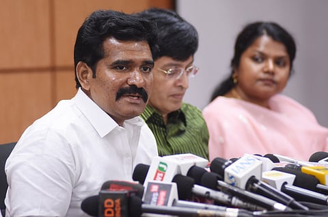 Minister CTR Nirmal Kumar addressing the media at TNEB HQ 