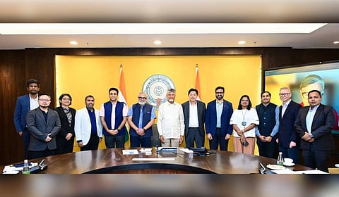 CM Nara Chandrababu Naidu during review meeting with the Singapore delegation on the Amaravati 2.0 integrated masterplan on Wednesday. 