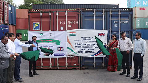 Officials flag off export consignments to the United Kingdom at the Inland Container Depot in Sanathnagar on Wednesday.
