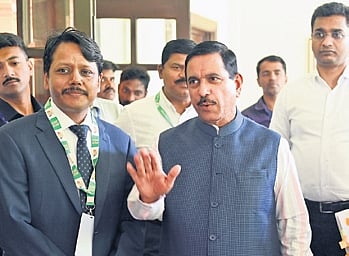 Union Minister Pralhad Joshi after the inauguration of Indian Standard Time Distribution Demonstration Network in Jakkur on Thursday .