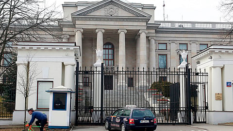 A taxi in front of the Russian Embassy in Warsaw, Poland, Monday, March 26, 2018.