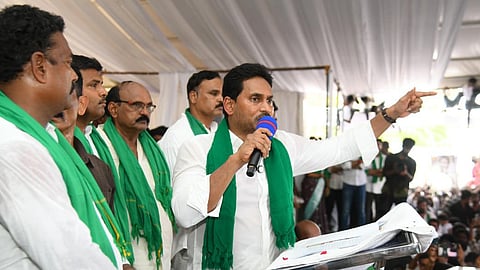 YSRCP president YS Jagan Mohan Reddy addressing aqua farmers in Bhimavaram.