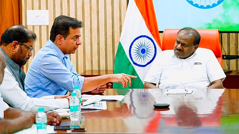BRS Working President KT Rama Rao meets Union Minister for Heavy Industries & Steel HD Kumaraswamy in New Delhi.