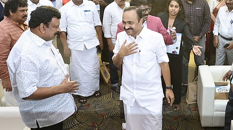 Chief Minister VD Satheesan arrives to inaugurate the valedictory session of the 'Kerala Samudra Mission 2626' conclave in Thiruvananthapuram on Wednesday.