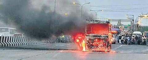 The private school bus engulfed in flames in Velachery on Thursday 