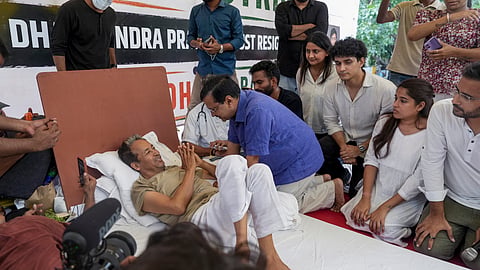 AAP National Convenor Arvind Kejriwal interacts with climate activist Sonam Wangchuk during his hunger strike at Jantar Mantar, in New Delhi, Thursday, July 16, 2026. 