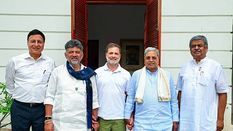 (From L to R) AICC General Secretary Randeep Singh Surjewala, Karnataka Chief Minister DK Shivakumar, Lok Sabha LoP Rahul Gandhi, former CM Siddaramaiah and KPCC President BK Hariprasad participate in a meeting in New Delhi on Thursday, July 16, 2026.